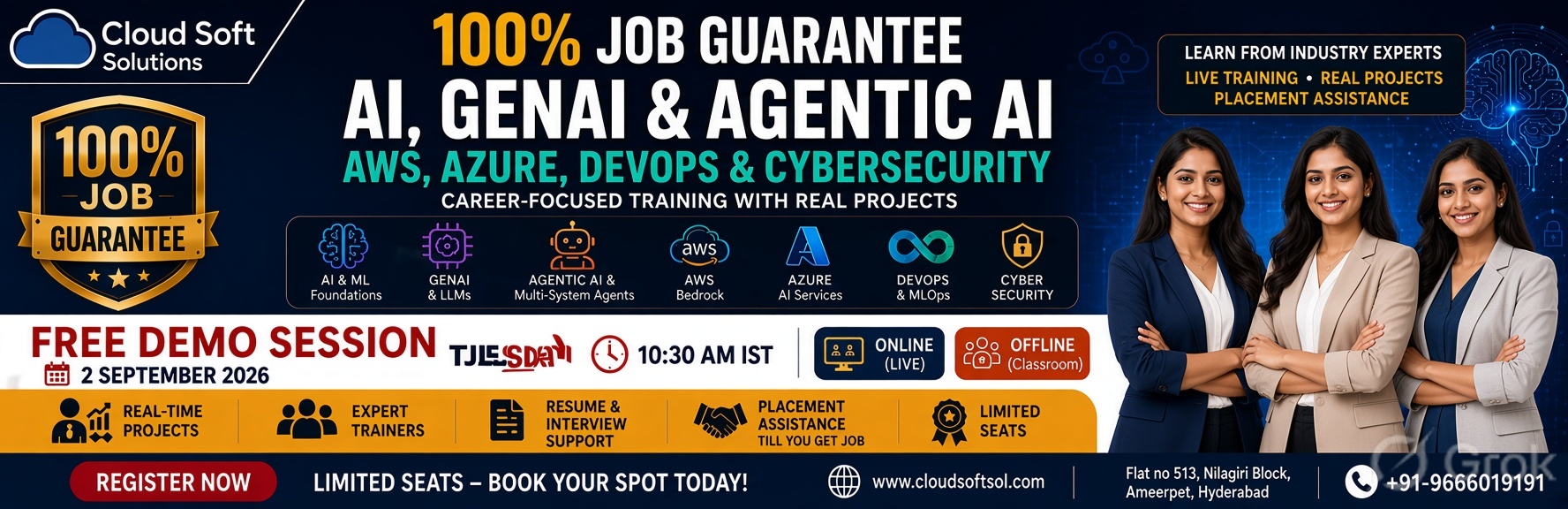 Cloud Soft Solutions — 100% Job Guarantee AI, GenAI, Agentic AI, AWS, Azure, DevOps & Cybersecurity. Free demo 2 September 2026, 10:30 AM IST. Register at cloudsoftsol.com.