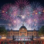 A vibrant night scene of Diwali celebrations in Melbourne, showing a large gathering of people in colorful traditional clothing surrounding an intricate rangoli and lit diyas, with fireworks illuminating the sky above Flinders Street Station.